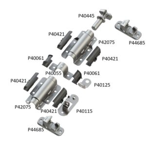 galvanized lockrod assembly kit with cam end, 2 guide plates with 4 half bushings, rod guide with 2 half bushings, seal plate, seal pin, 2 keepers