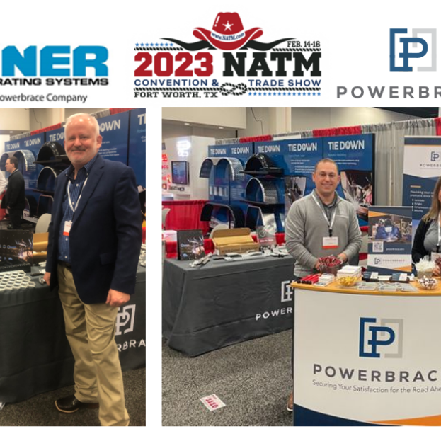 2 photos of powerbrace team members at a tradeshow